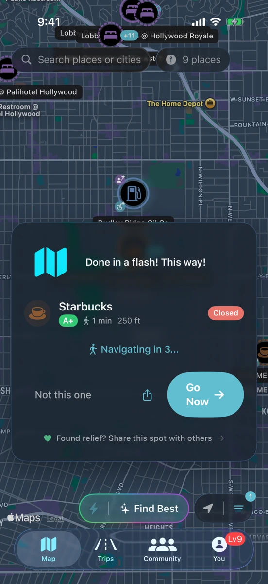 RestMap Quick Find showing nearest restroom with walking directions